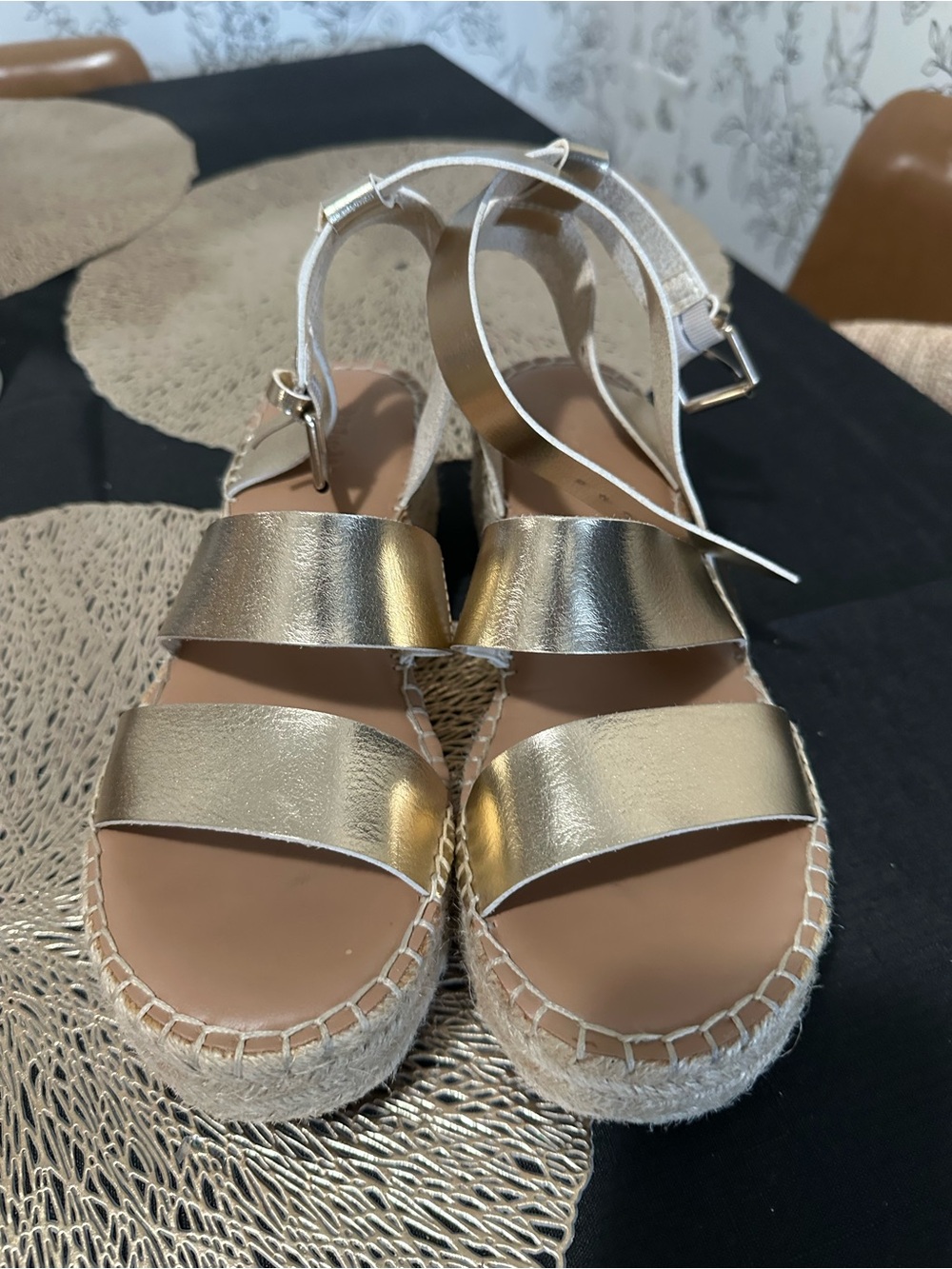 Gold Espadrille Sandals with Ankle Strap